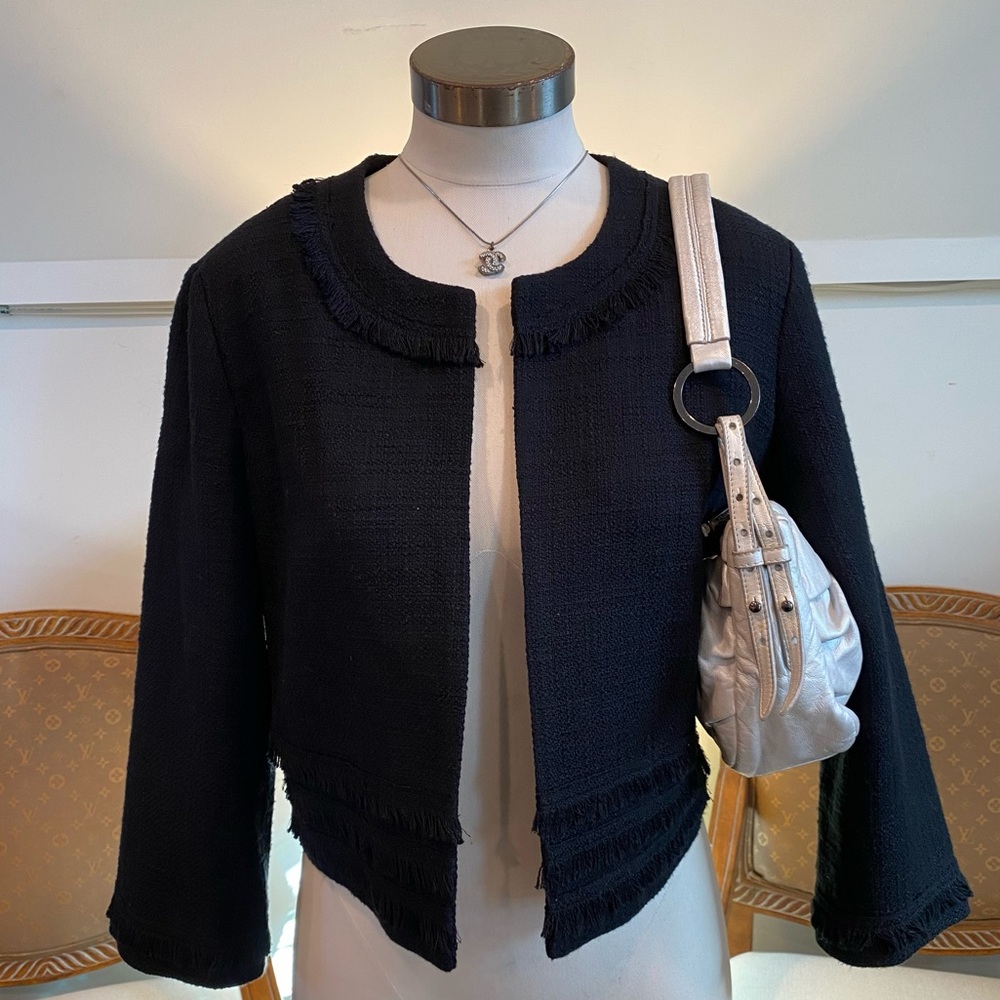 NWOT Karl Lagerfeld Black Tweed Cropped Blazer, Size Large, Knit Cotton-Blend